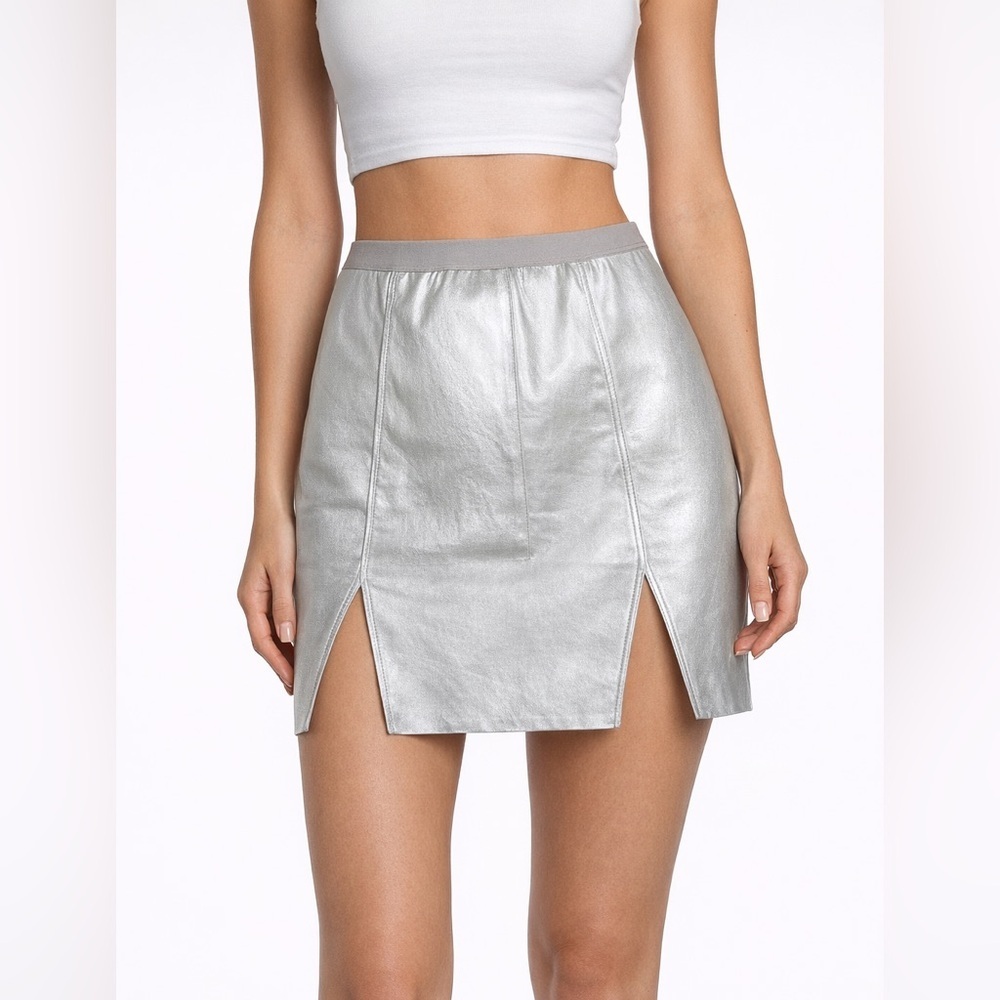 NWT Rick Owens Lamb Leather Blend Notched Mini Skirt Warm Silver Metallic Sz 4